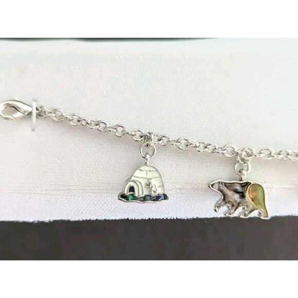 Vtg Storrs Glacier Pearl Abalone Animal Charm Bracelet Alaska Bear Igloo Silver - Picture 2 of 8